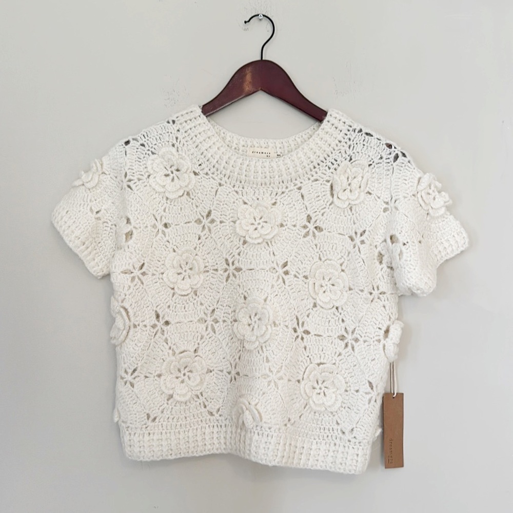 NWT dreamers cream knit rosette floral top sweater women size M/L